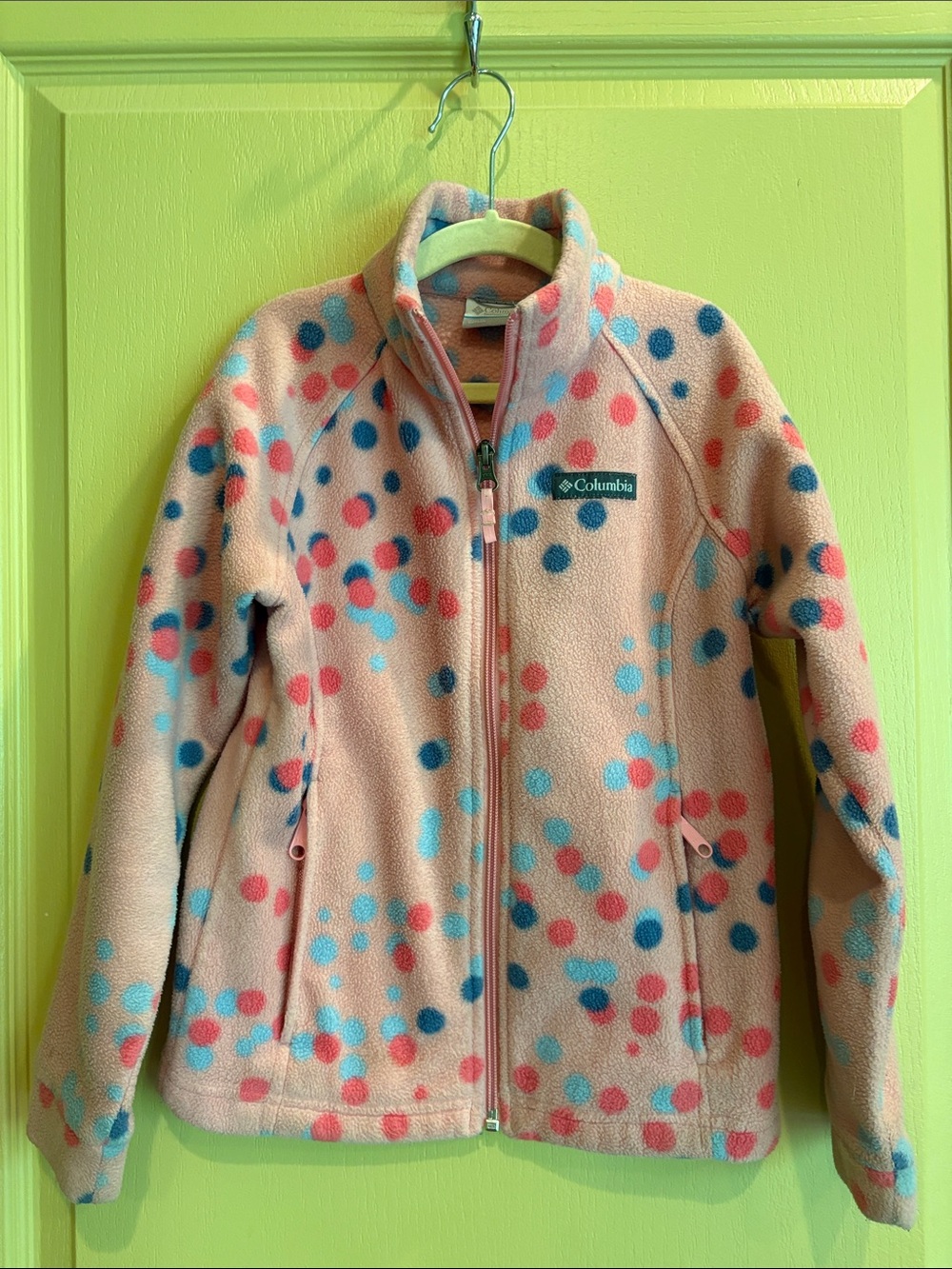 Columbia Pink Fleece Jacket with Blue and Coral Dots